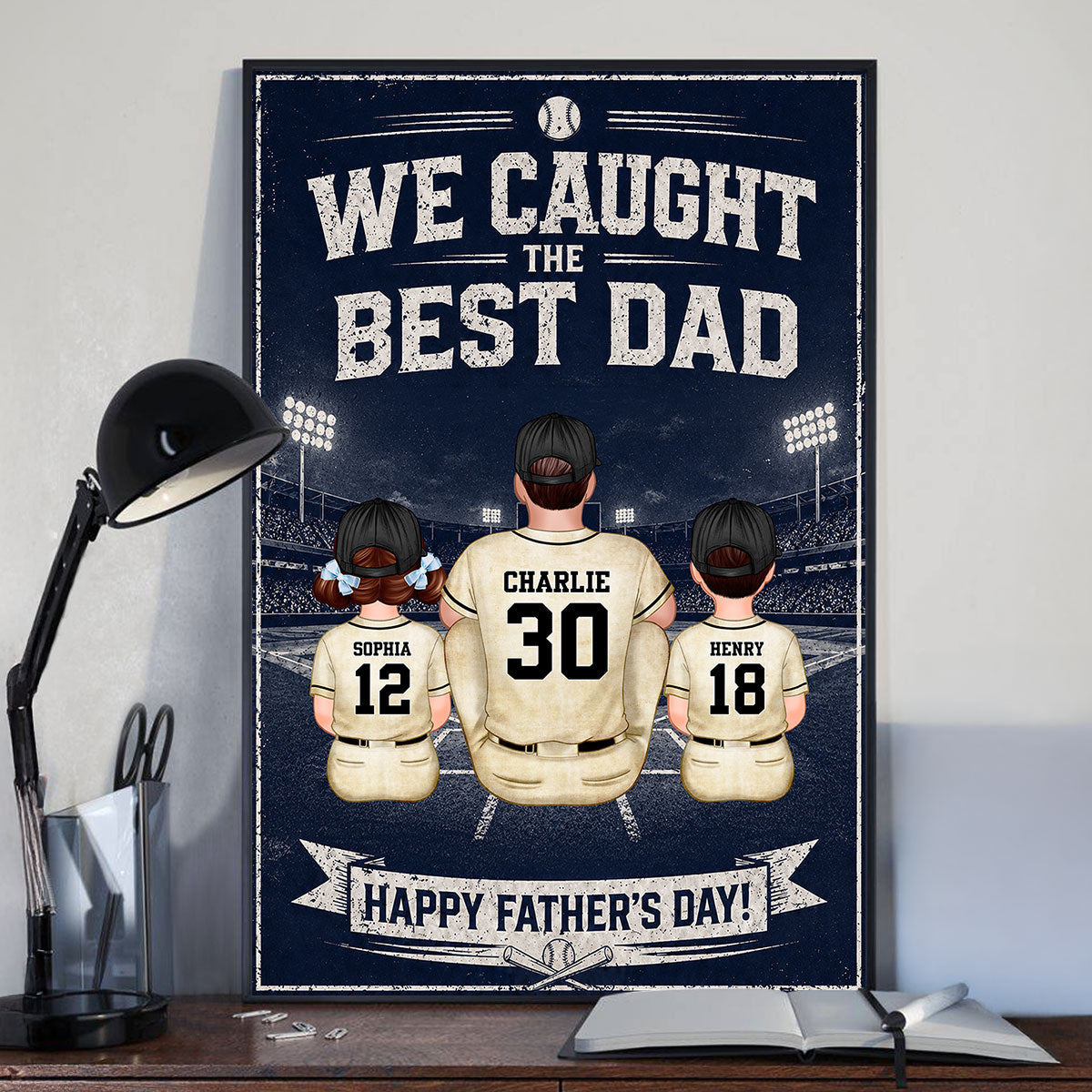 Retro Vintage Baseball Wall Art We Caught the Best Dad - Personalized Poster - Father's Day Gift for Dad, Husband