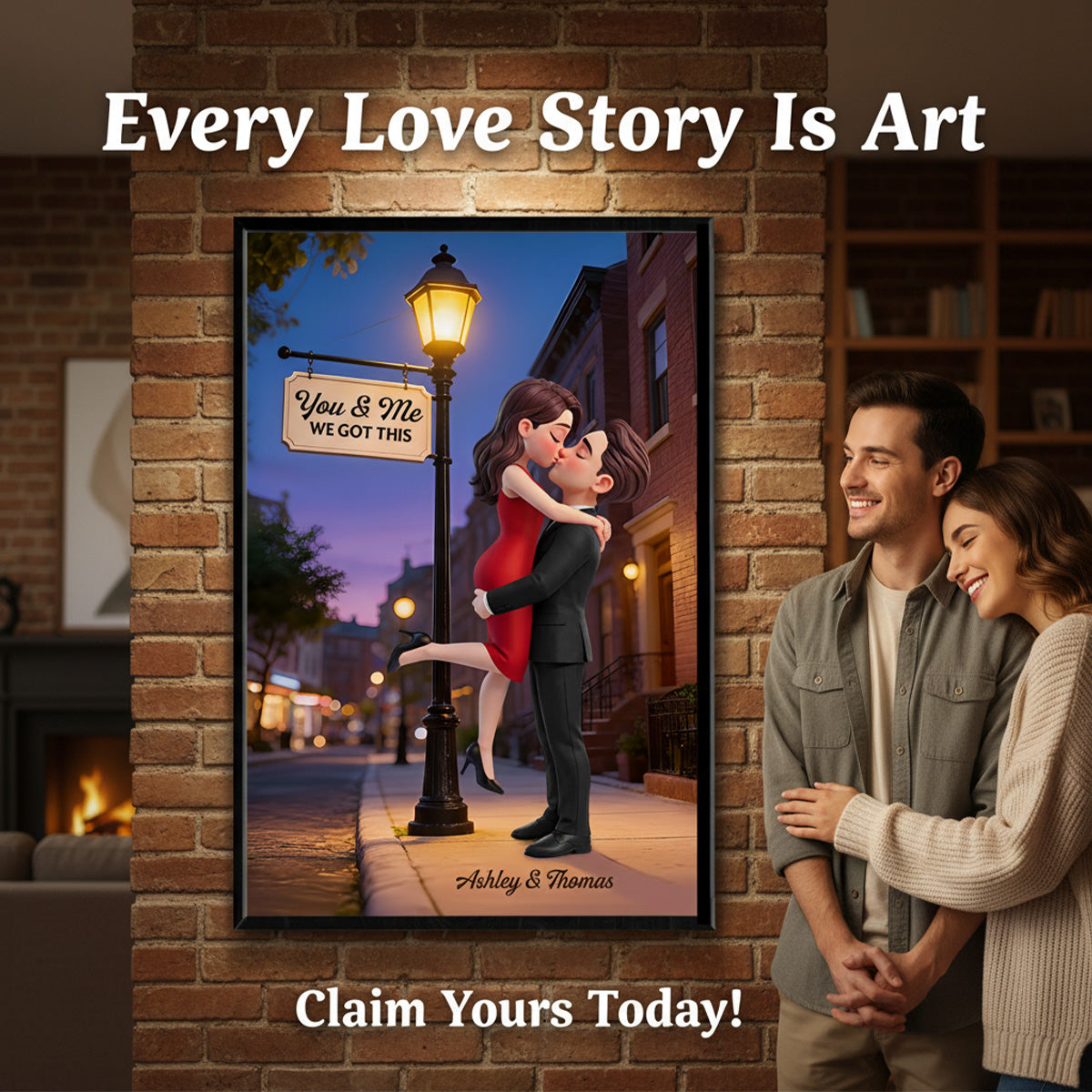 Eternal Love Couple Hugging Kissing Under Street Lamp Post - Personalized Poster - Valentine's Day Gift For Couple