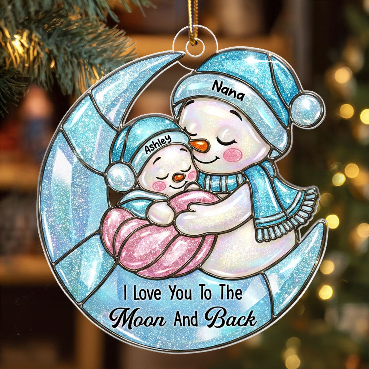 Grandma And Grandkid Moon Stained Glass Pattern - Personalized Acrylic Ornament - Heartwarming Christmas Gift For Grandma, Granddaughter, Grandson