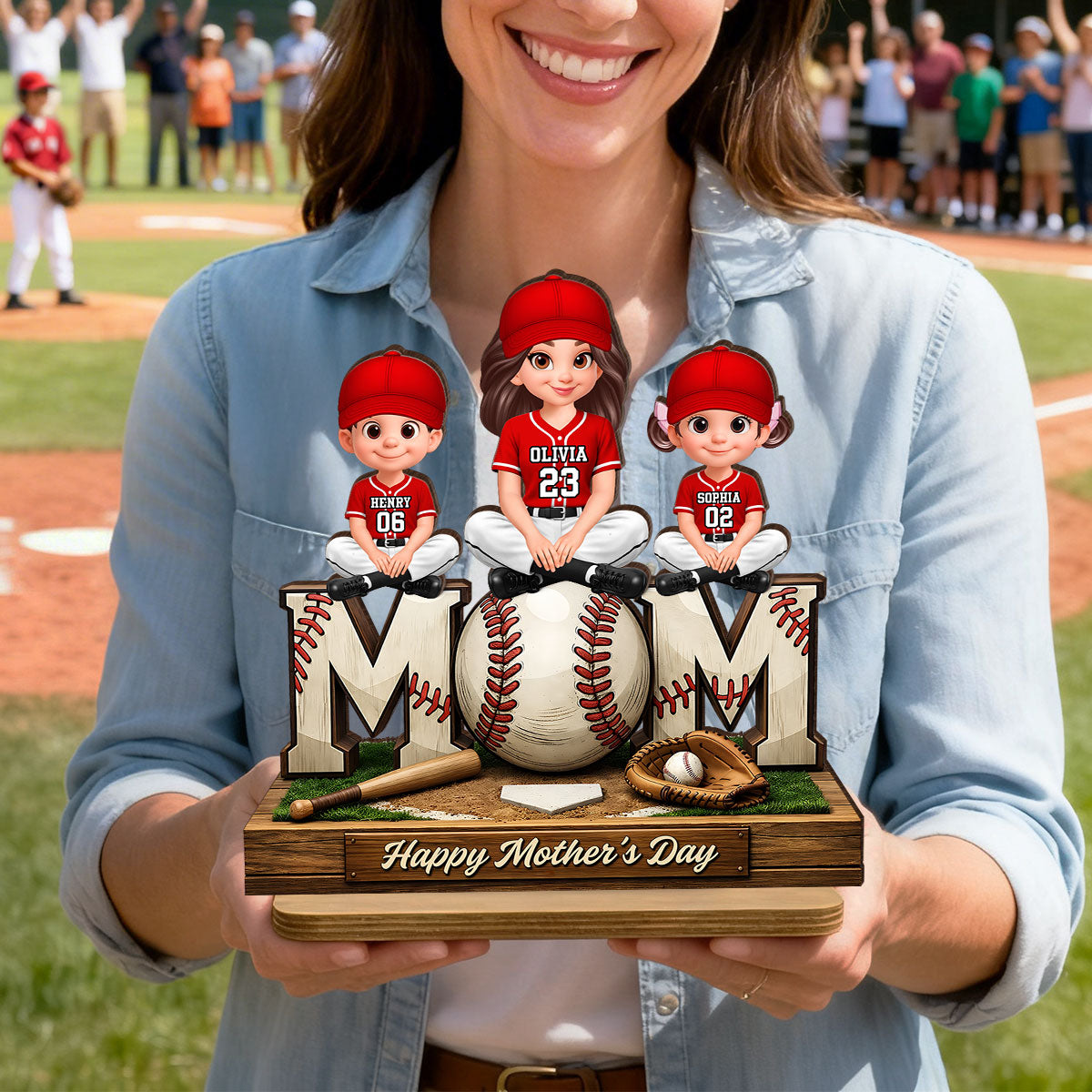 Baseball Mom And Kids Happy Mother's Day - Personalized 2-Layered Wooden Plaque - Mother's Day Gift For Baseball Mom