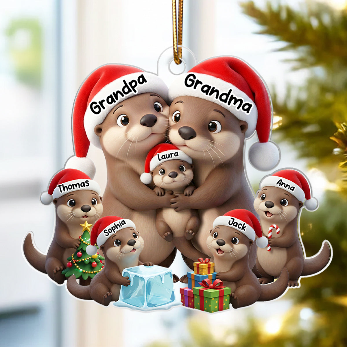 Otter Grandma Grandpa And Grandkids - Personalized Acrylic Ornament - Heartwarming Christmas Gift For Grandma, Grandpa, Family