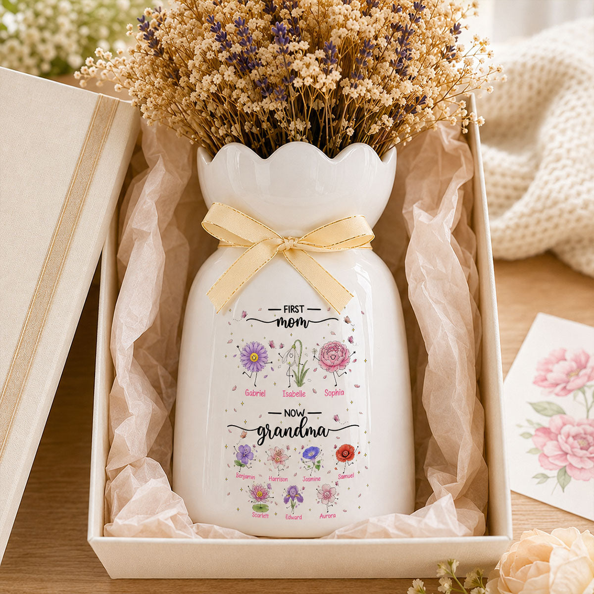 First Mom Now Grandma Doodle Birth Flowers - Personalized Ceramic Flower Vase - Gift For Grandma, Mom