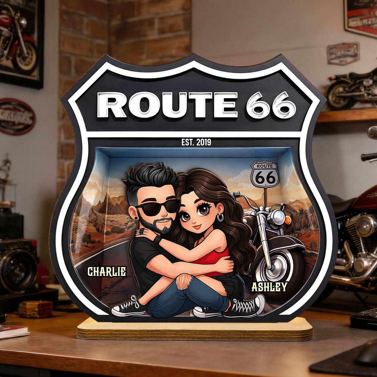 Bikers Couple Route 66 - Personalized 2 Layer Standing Wooden Plaque - Gift for Couple
