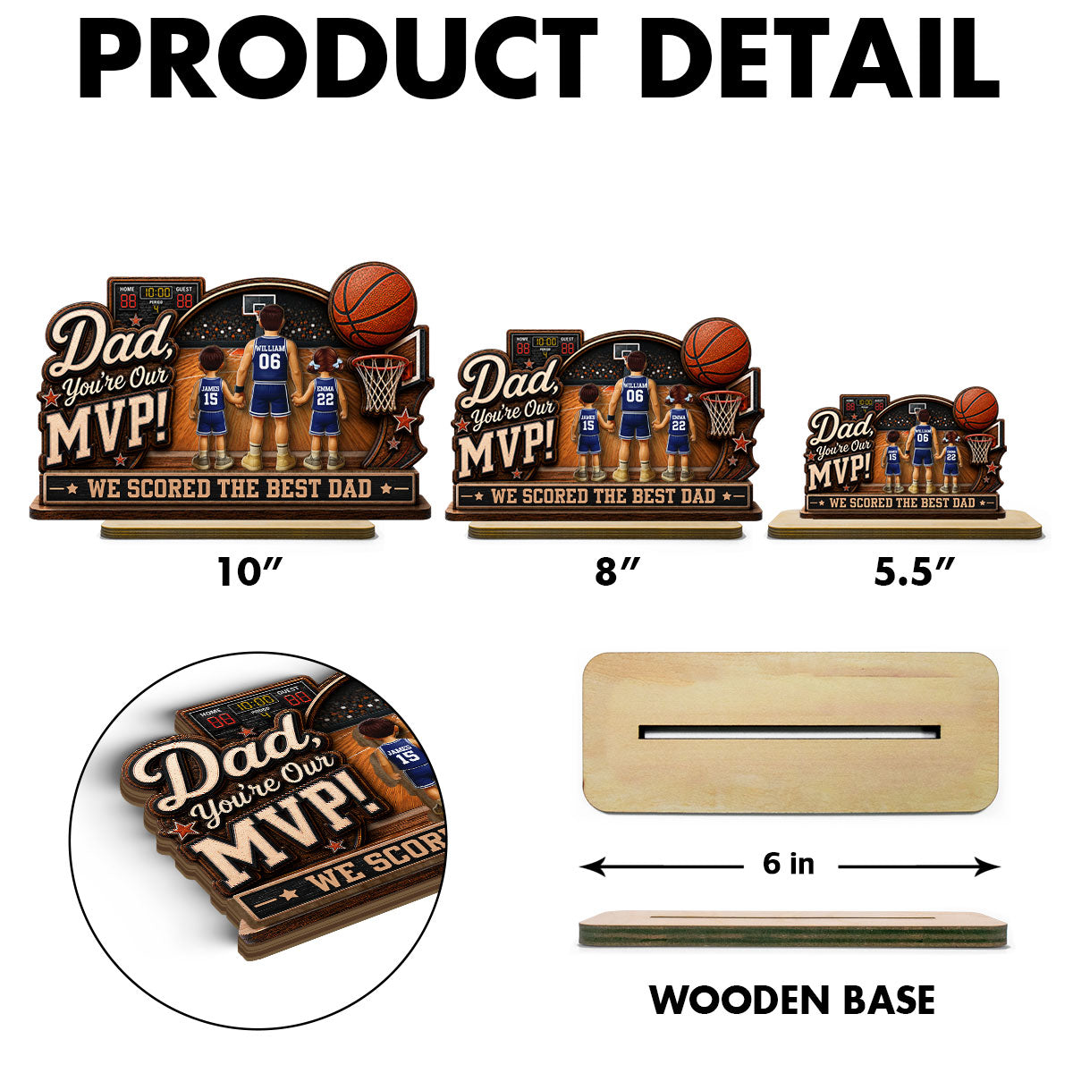 Dad You Are Our MVP Standing Basketball Man & Kids 2D Flat - Personalized 2-Layered Wooden Plaque -  Gift For Basketball Dad