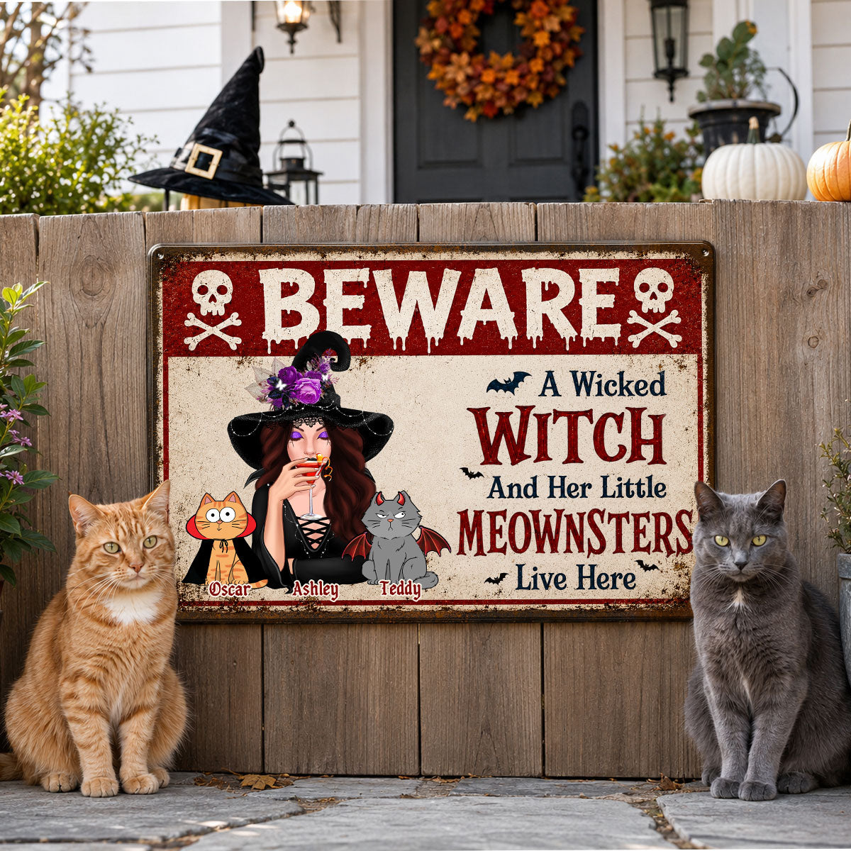 Beware A Wicked Witch And Her Little Meownsters - Personalized Metal Sign - Halloween Decor Gift, Gift For Cat Lovers