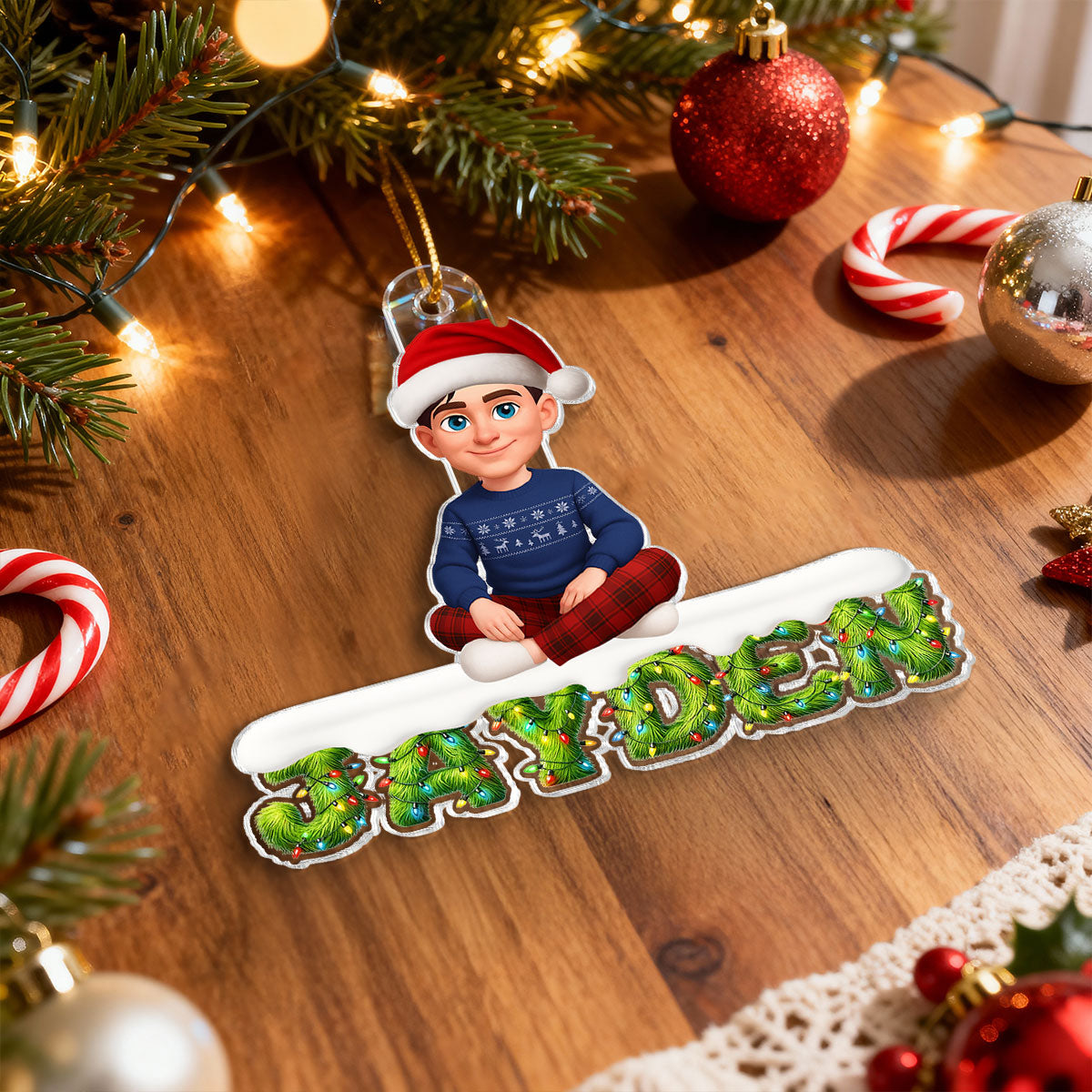 3D Effect Festive Green Pattern Family Member Name - Personalized Acrylic Ornament - Gift For Family
