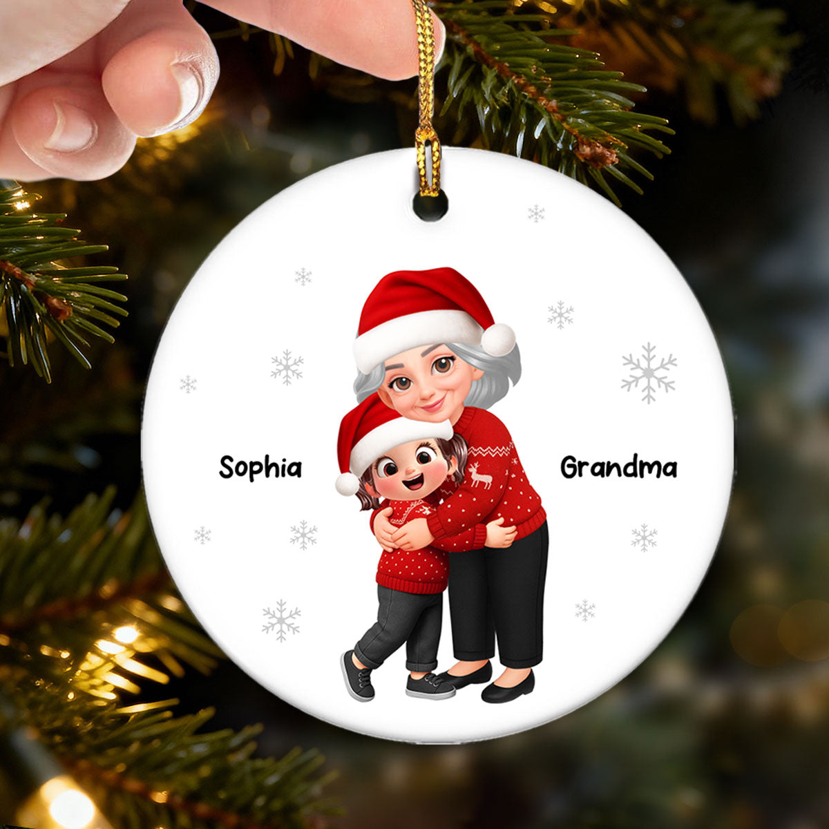Christmas Grandma Hugging Grandkid - Personalized Ceramic Ornament - Heartwarming Gift For Kids, Grandmas