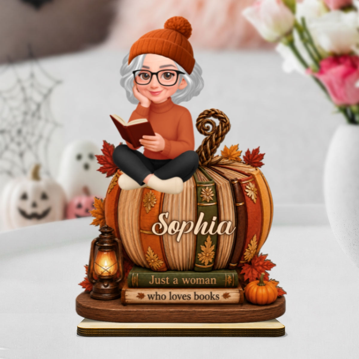 Girl Reading Book On Fall Book Pumpkin 2D Flat - Personalized 2-Layered Wooden Plaque - Fall Season Decor For Book Lover