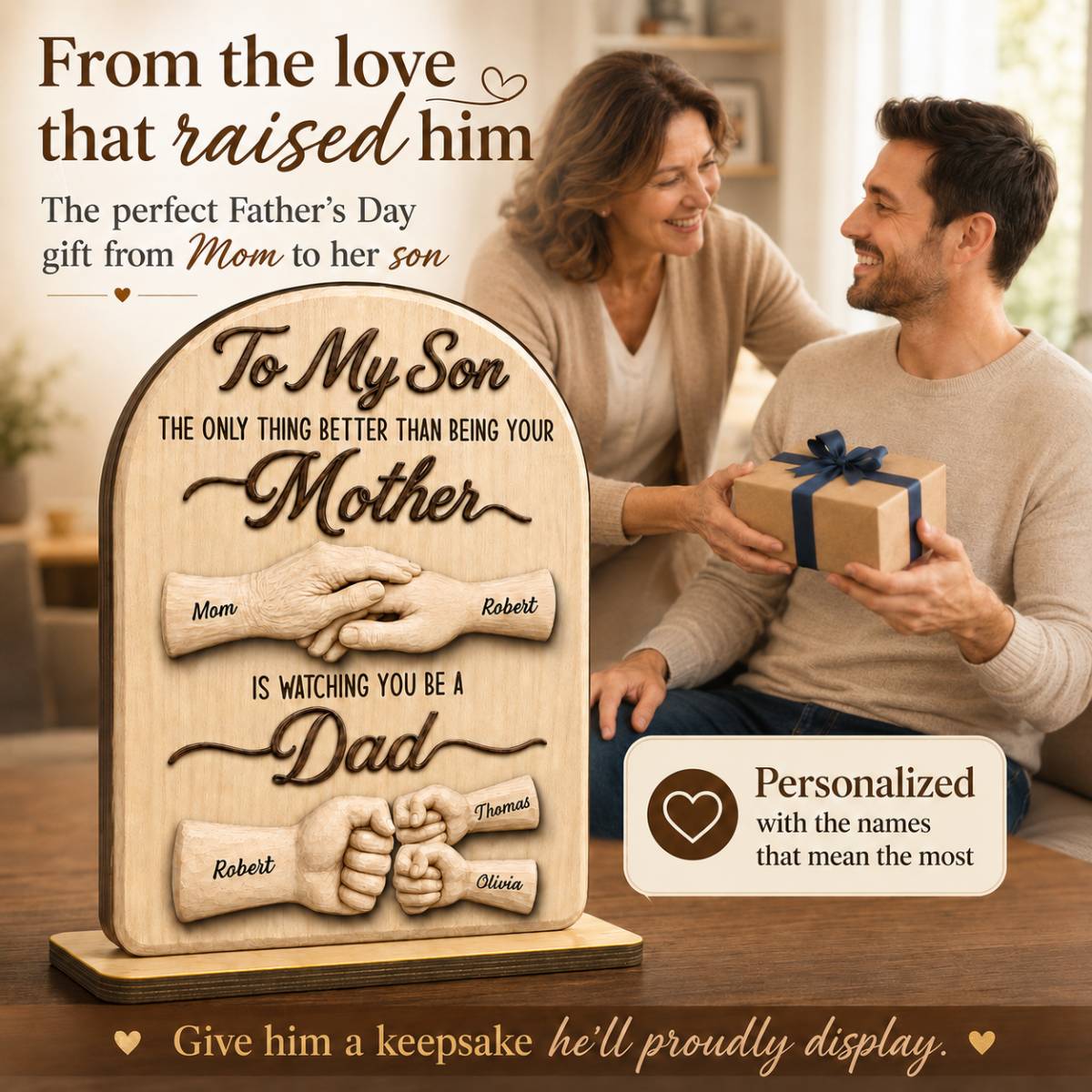 To My Son Watching You Be A Dad From Mom - Personalized 2-Layered Wooden Plaque -  Gift For Son