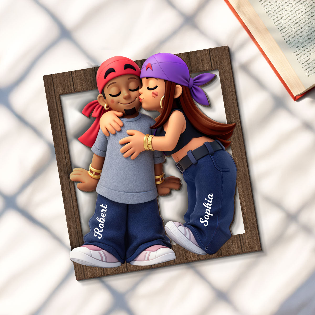 Y2K Couple Kissing - Personalized 2-Layered Wooden Plaque - Gift for Couple, for Him, for Her