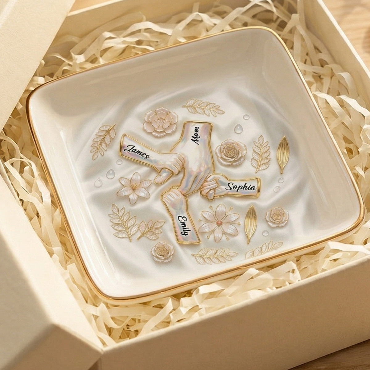 Kids Holding Mom Grandma Hand 2D Printed - Personalized Jewelry Dish - Mother's Day Gift For Mom, Grandma
