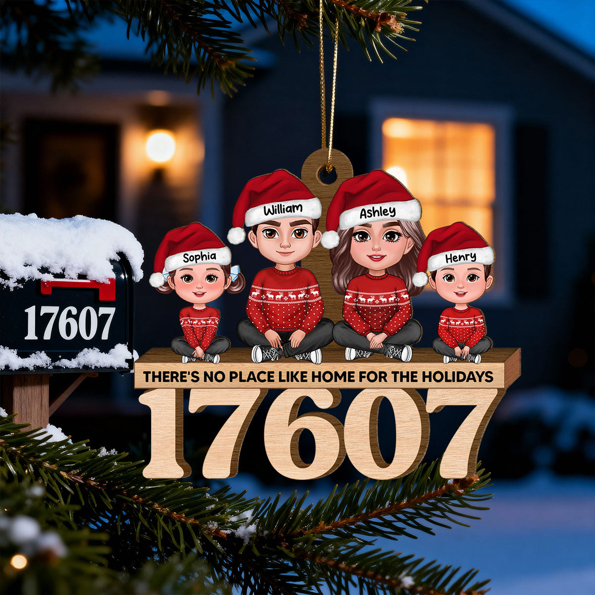 No Place Like Home Doll Family Sitting Zip Code - Personalized Wooden Ornament