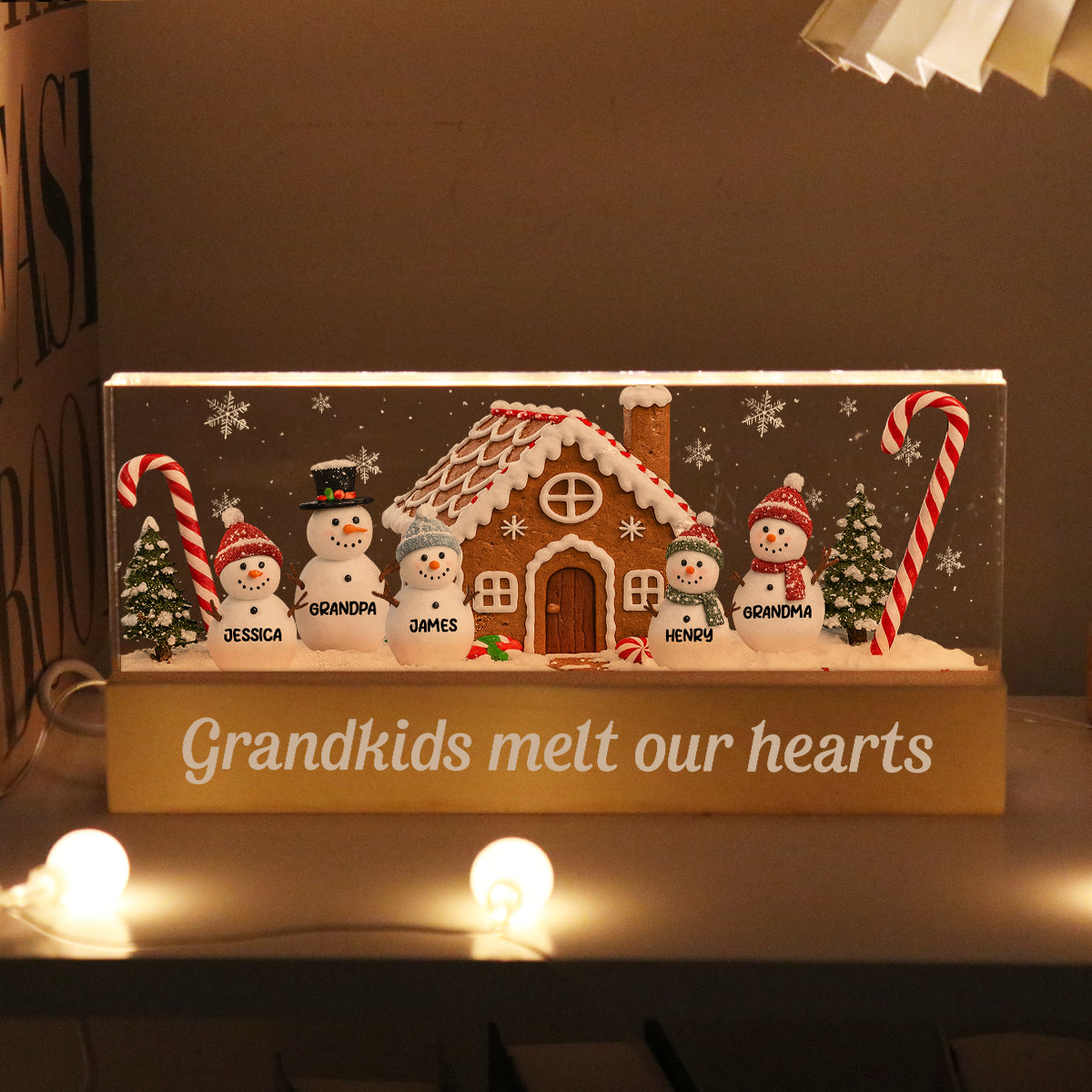 3D Effect Snowman Family Grandparents In Snow - Personalized Acrylic Block LED Night Light - Christmas Decor For Grandma, Family