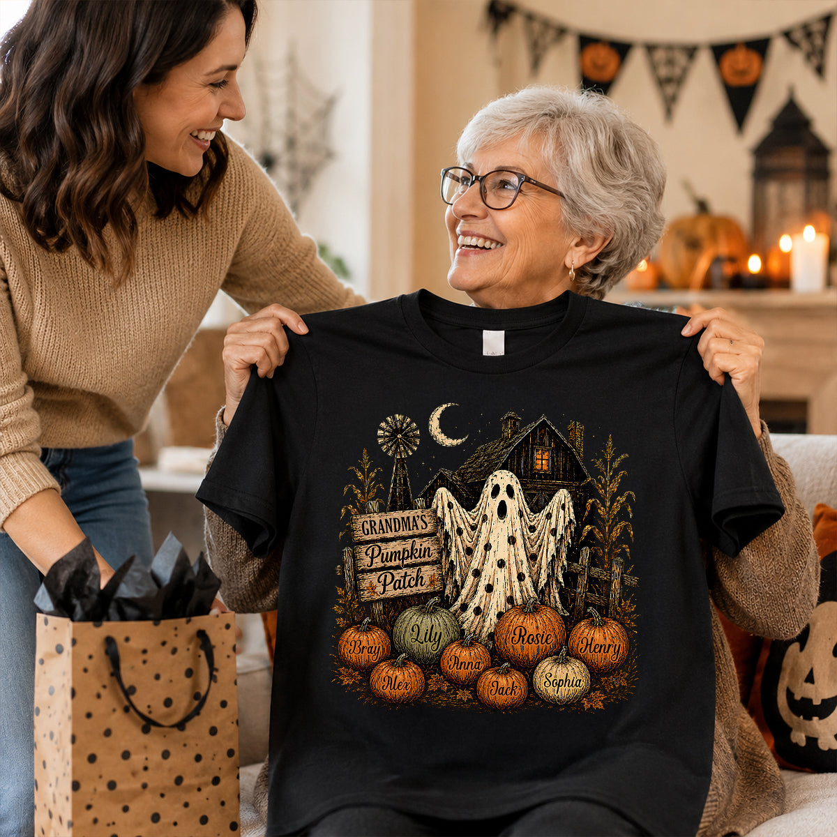 Grandma's Pumpkin Patch Haunted House - Personalized Shirt - Cozy Fall Halloween Tee for Grandma