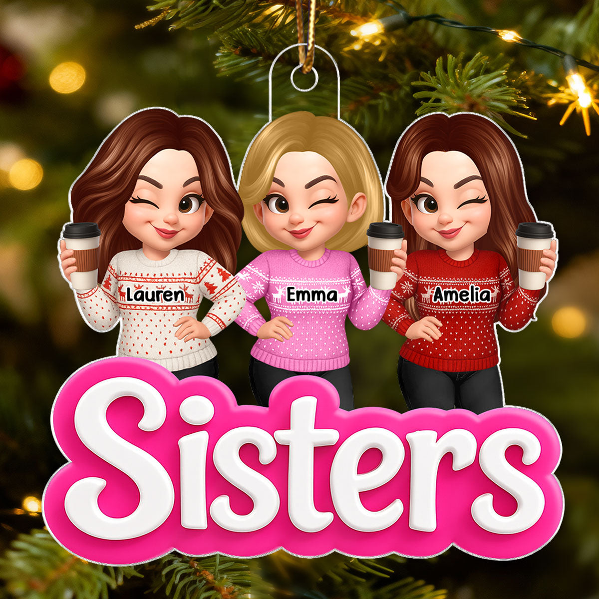 Pink Besties Sisters 3D Effect - Personalized Acrylic Ornament - Christmas Gift for Best Friends, for Sisters
