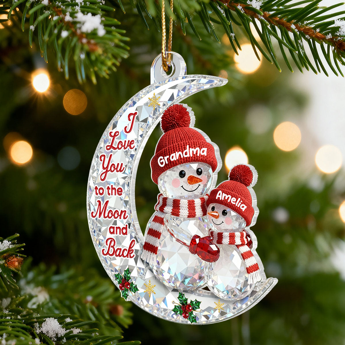 3D Effect Flat Snowman Grandma And Grandkid On Moon - Personalized Acrylic Ornament - Gift For Grandma, Grandkids