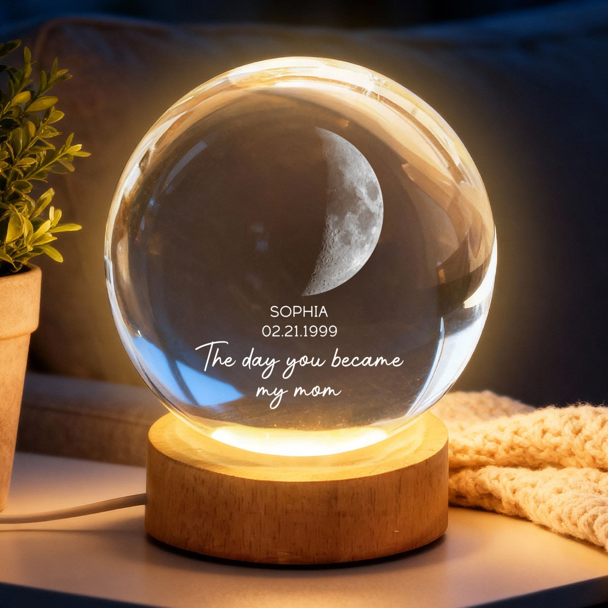 The Day You Became My Mom - Personalized Crystal Ball Night Light - Heartfelt Anniversary Gift for her, for him