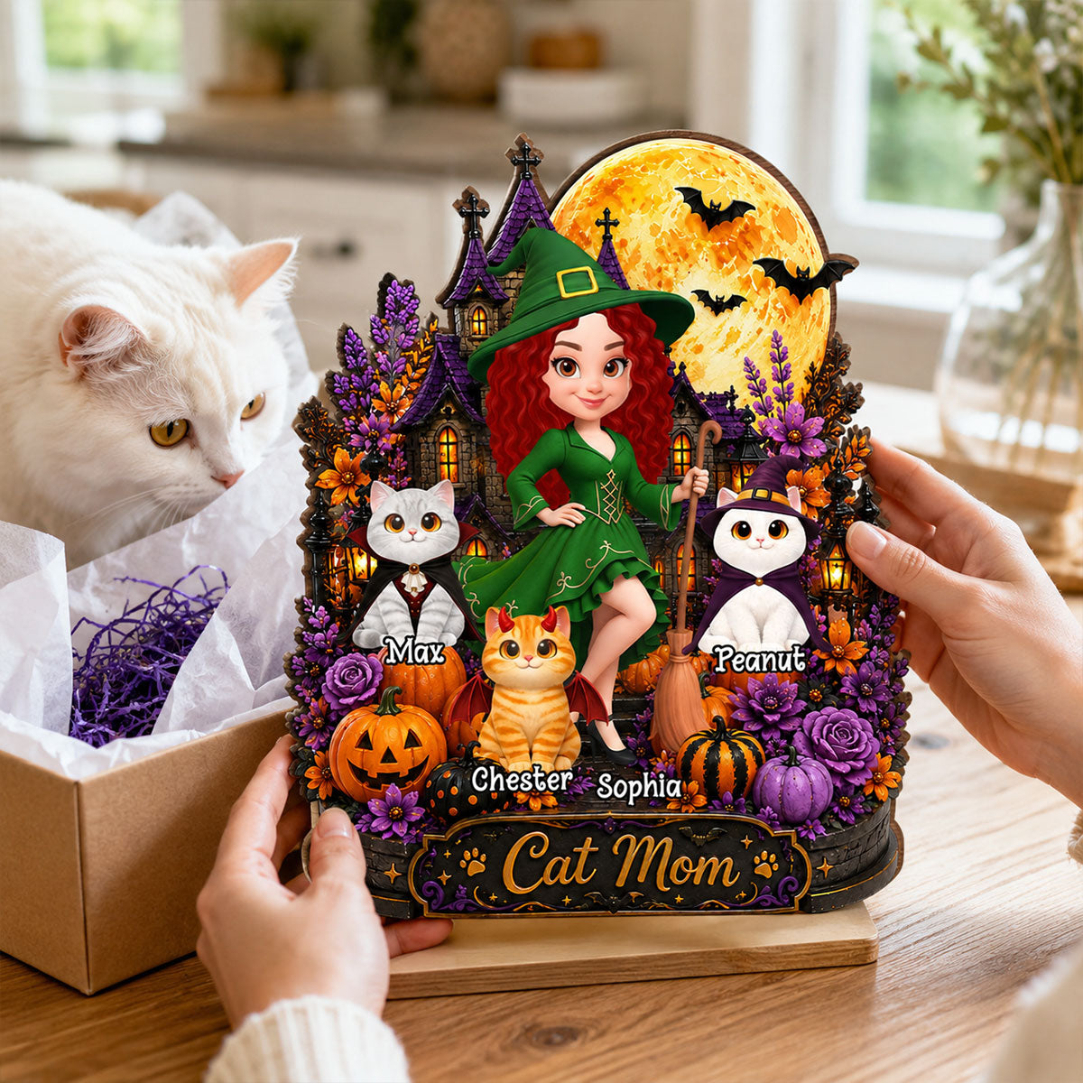 Cat Mom Witch Haunted House Moon - Personalized 2-Layered Wooden Plaque - Halloween Decor Gift, Gift For Cat Lovers