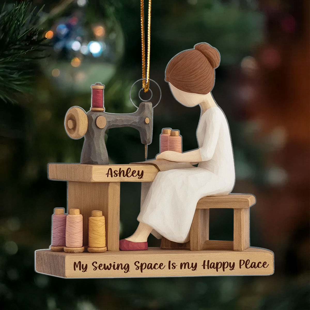 Custom My Sewing Space Is My Happy Place - Personalized Acrylic Ornament - Quilter Gift, Craft Room Christmas Keepsake