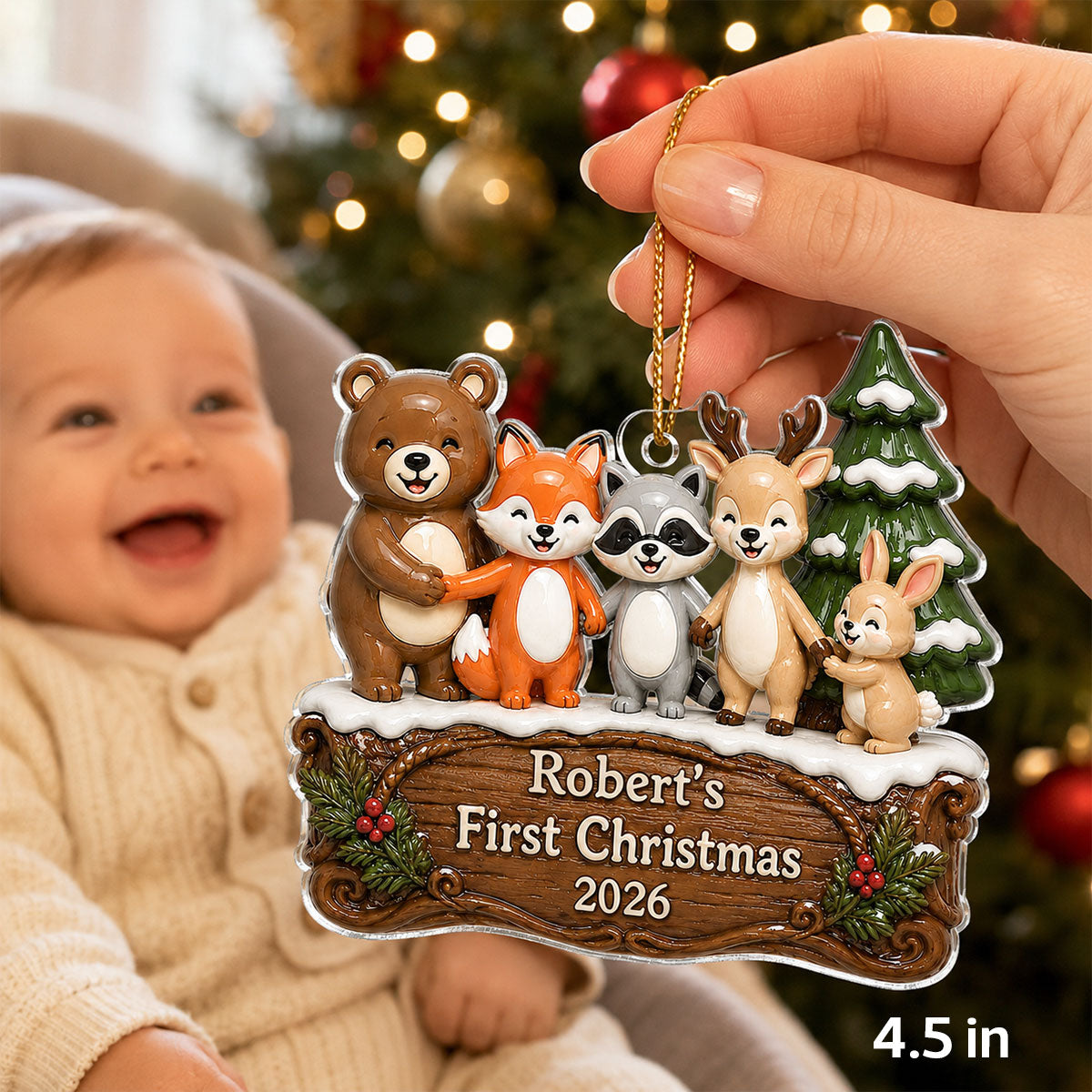 Happy Forever Woodland Animal Baby First Christmas - Personalized Acrylic Ornament - Gift for Newborn, New Parents Keepsake