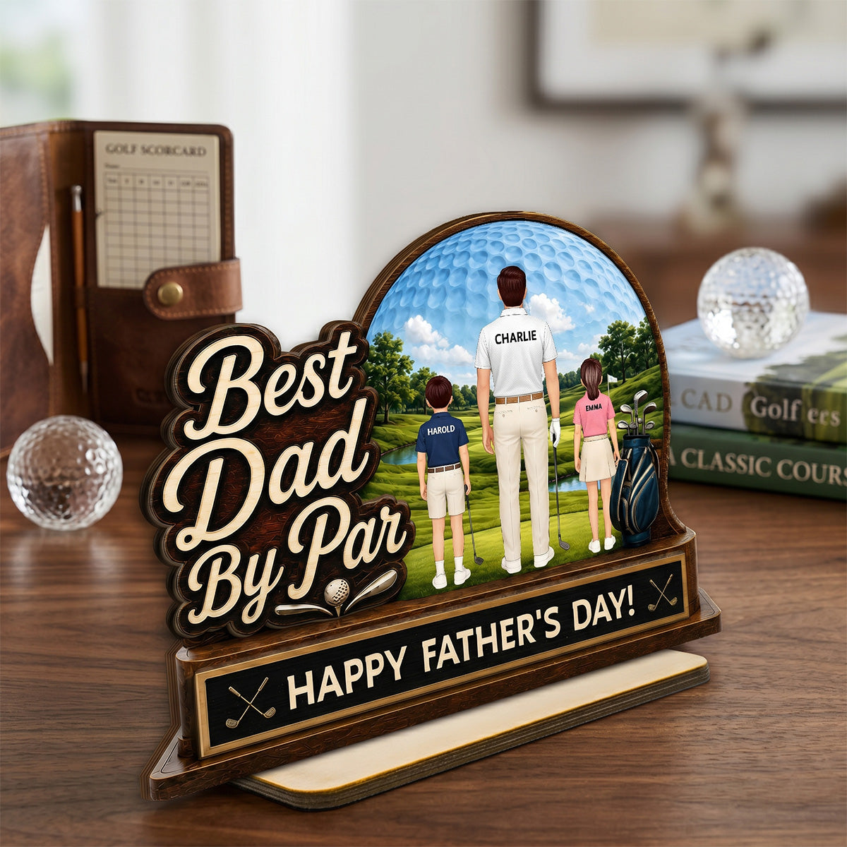 Best Dad By Par Custom Man & Kids Back View - Personalized 2-Layered Wooden Plaque -  Gift For Golf Dad