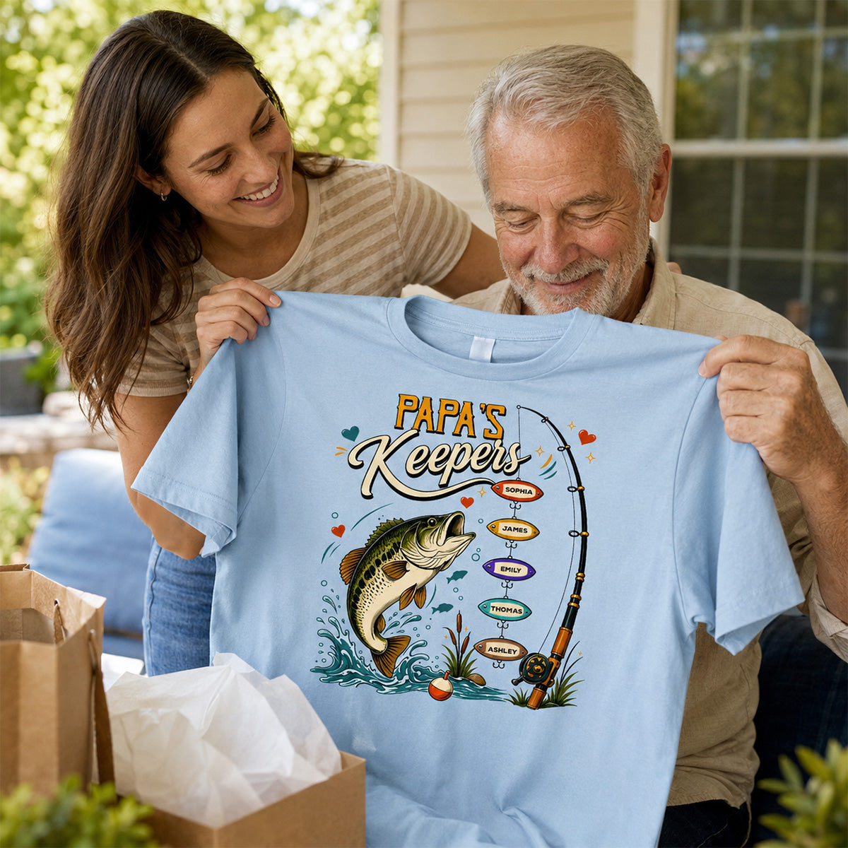 Grandpa's Keepers Fishing With Grandkids Names, Father's Day Papa Gift - Personalized Shirt