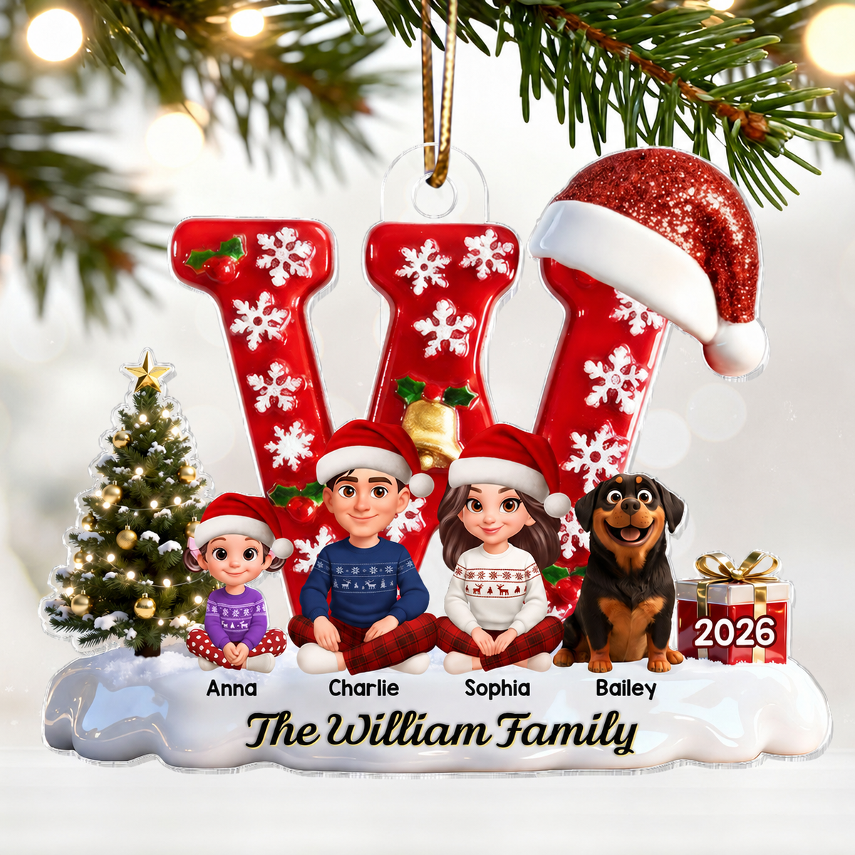 3D Effect Christmas Festive Family Name Initial Beautiful Family Together - Personalized Acrylic Ornament - Gift For Family
