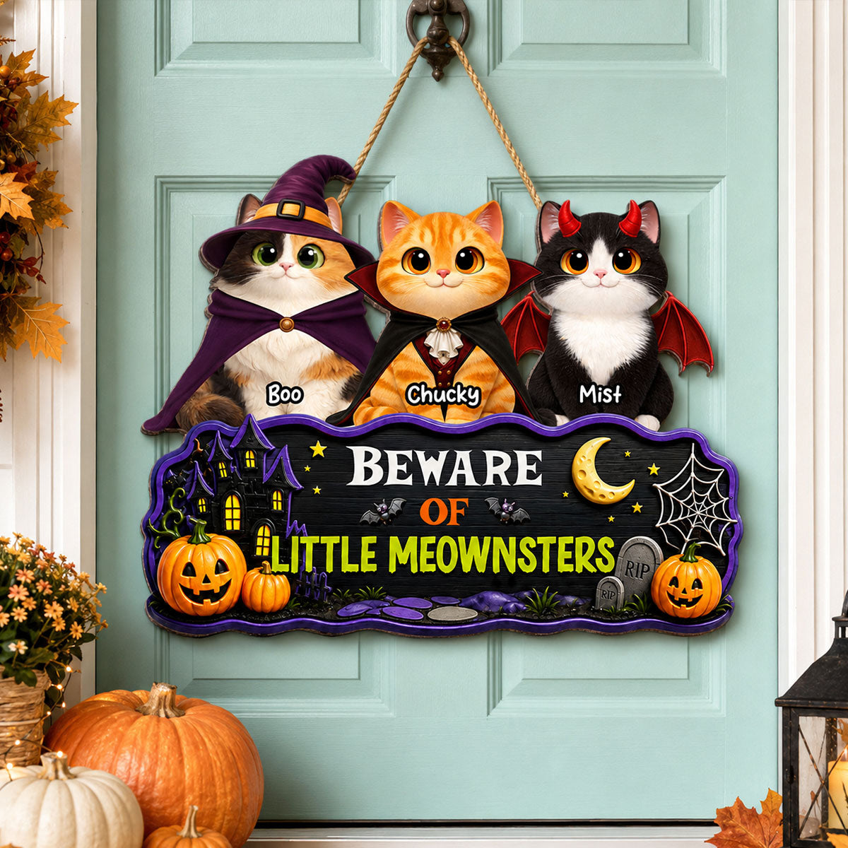 Spooky Halloween Beware of Little Cats Meownsters - Personalized Wood Sign - Halloween Gift For Cat Lovers, Halloween Decor