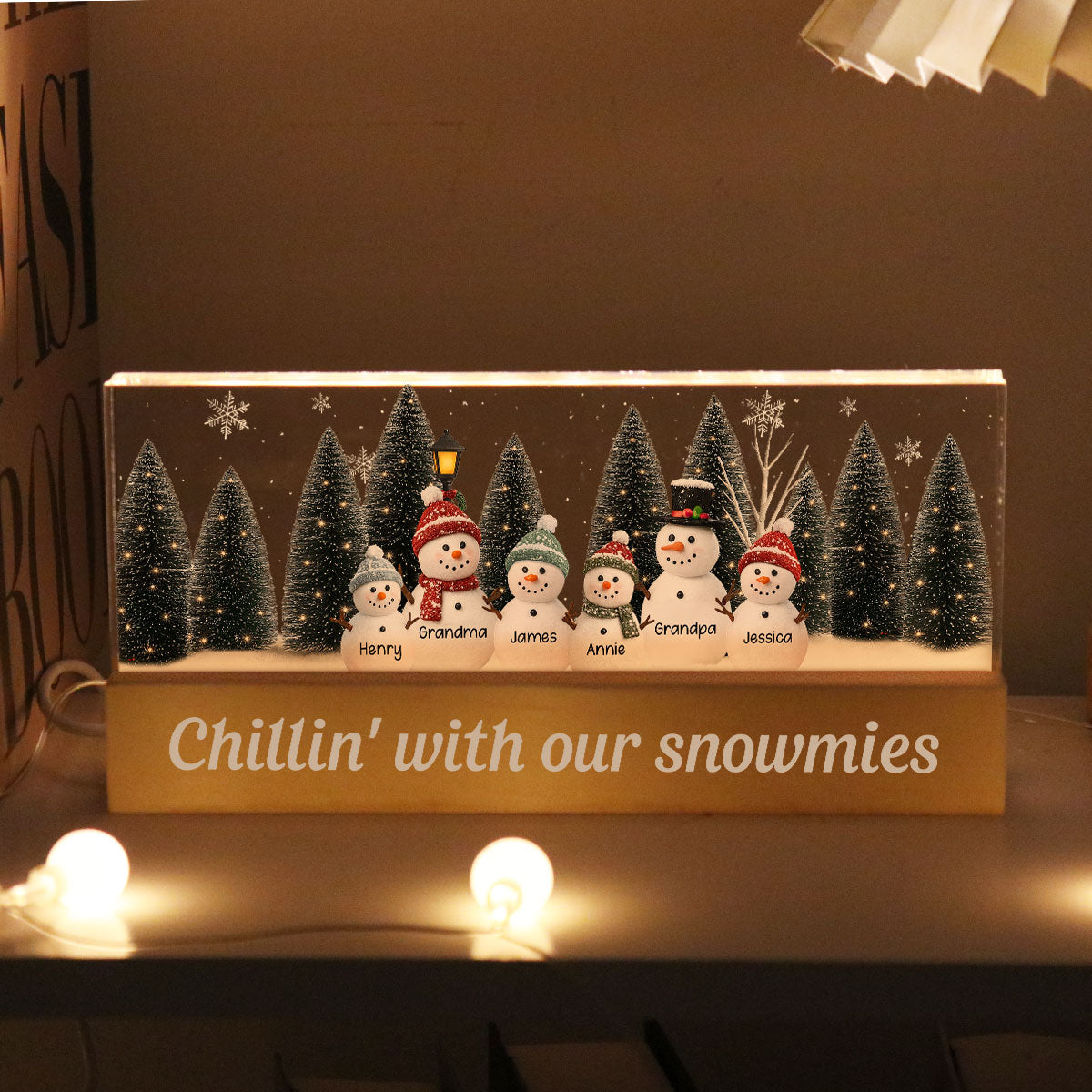 3D Effect Snowman Family Grandparents In Christmas Scene - Personalized Acrylic Block LED Night Light - Christmas Decor For Grandma, Family