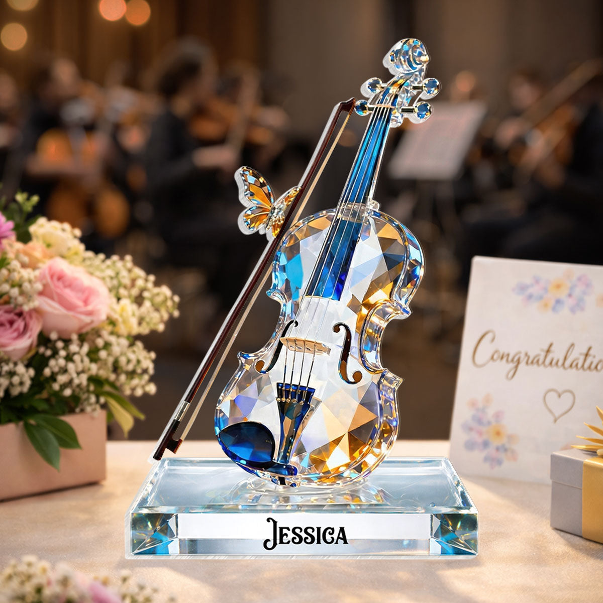 Violin Music Crystal Effect - Personalized Acrylic Block Plaque - Unique Gift For Violinist