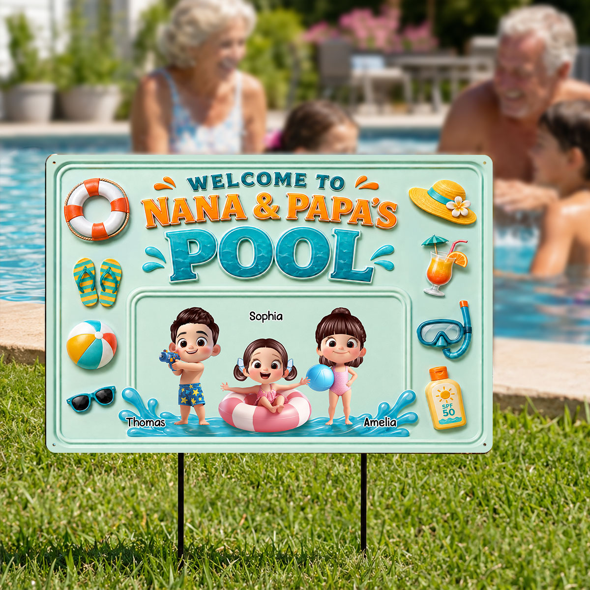 Nana & Papa's Poolside With Kids - Personalized Metal Sign - Gift For Kids, Grandparents, Summer Decorations