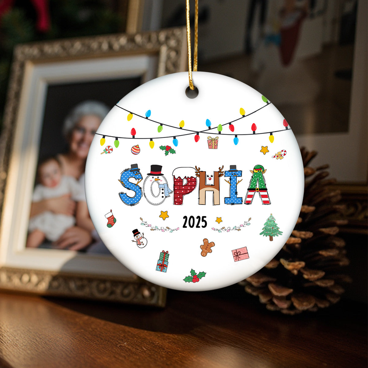 Christmas Theme Kid Name Christmas - Personalized Ceramic Ornament - Gift For Grandchildren, Boy, Girl
