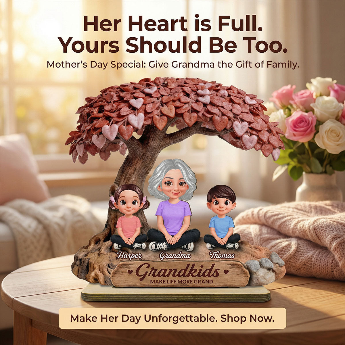 Grandma And Grandkids Under Heart Tree - Personalized 2-Layered Wooden Plaque - Gift For Grandma
