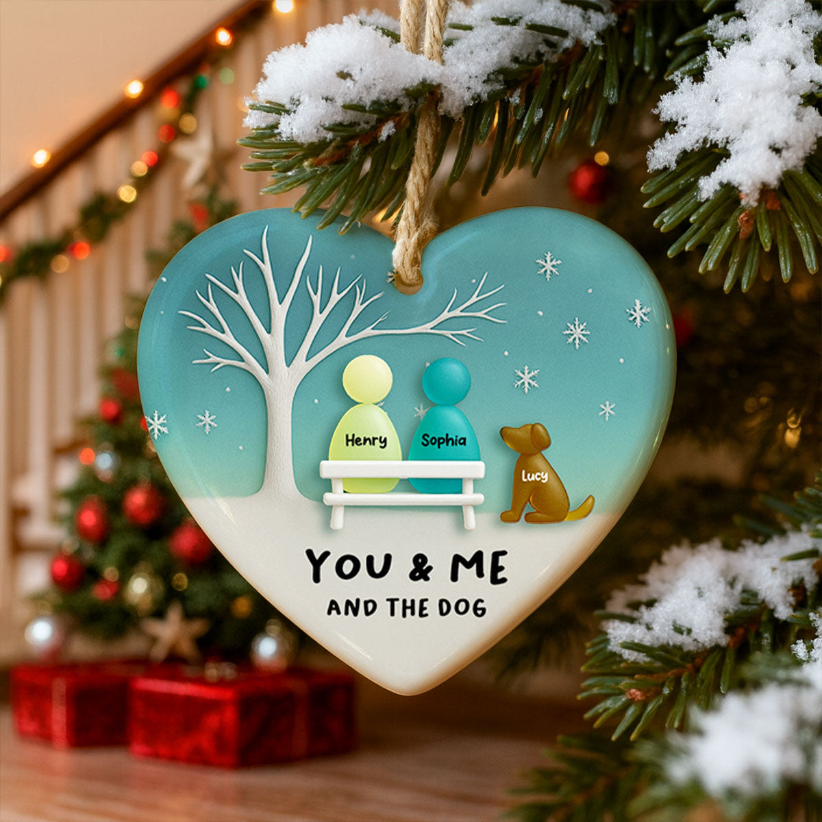 3D Effect Sea Glass Couple & the Dogs - Personalized Ceramic Ornament with Acrylic - Christmas Gift for him, Gift for her