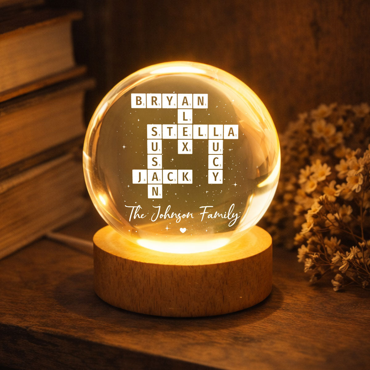 The Family Puzzle Crossword Art Home Decor - Personalized Crystal Ball LED Night Light