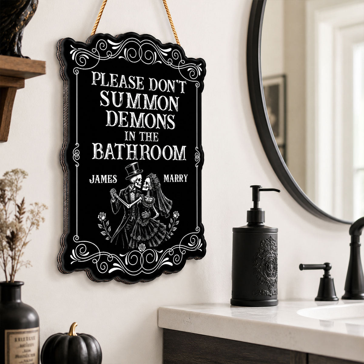 Gothic Couple Please Don't Summon Demons - Personalized Wood Sign - Funny Halloween Gothic Bathroom Decor For Couple