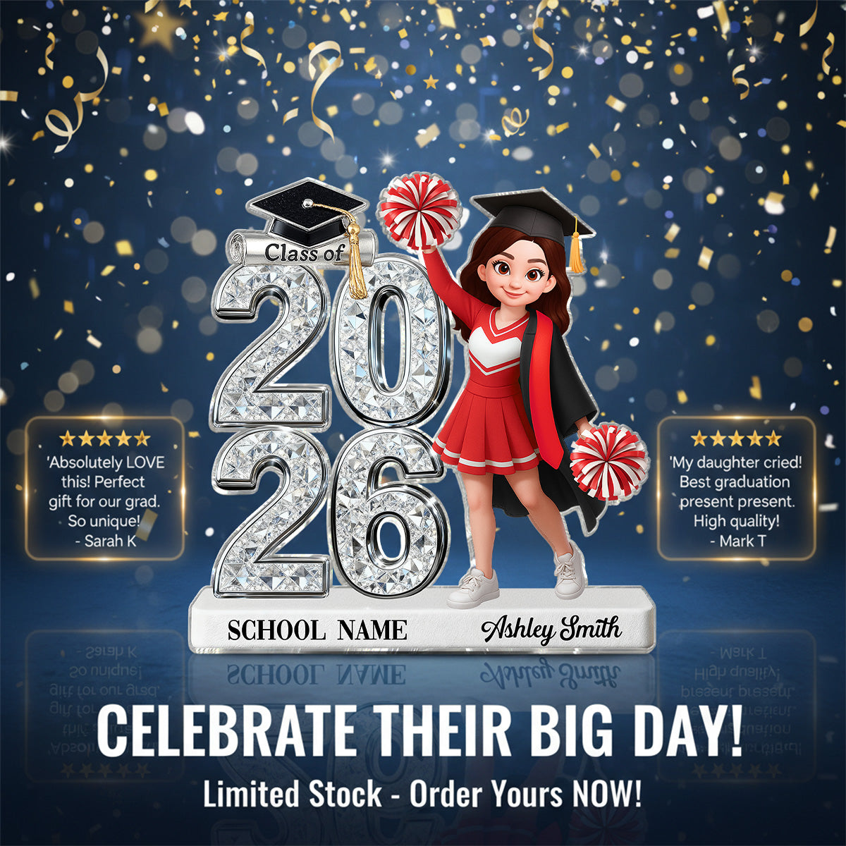 Class Of 2026 2027 Cheerleader Senior 2D Flat - Personalized Acrylic Block Plaque - Graduation Gift For Graduates, Daughter