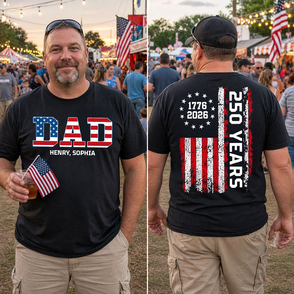 Proud Dad Grandpa Nation Flag We The People American 250th Anniversary - Personalized Double-Slided Shirt - Father's Day Gift For Patriotic Dad, Grandpa