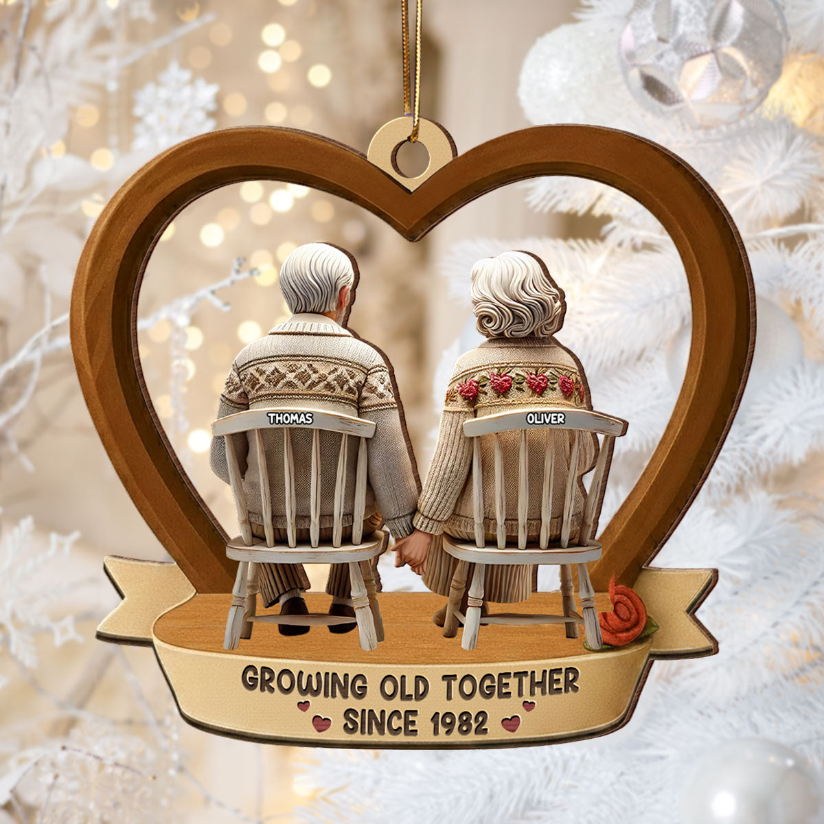 3D Back View Old Couple Growing Old Together - Personalized Wooden Ornament