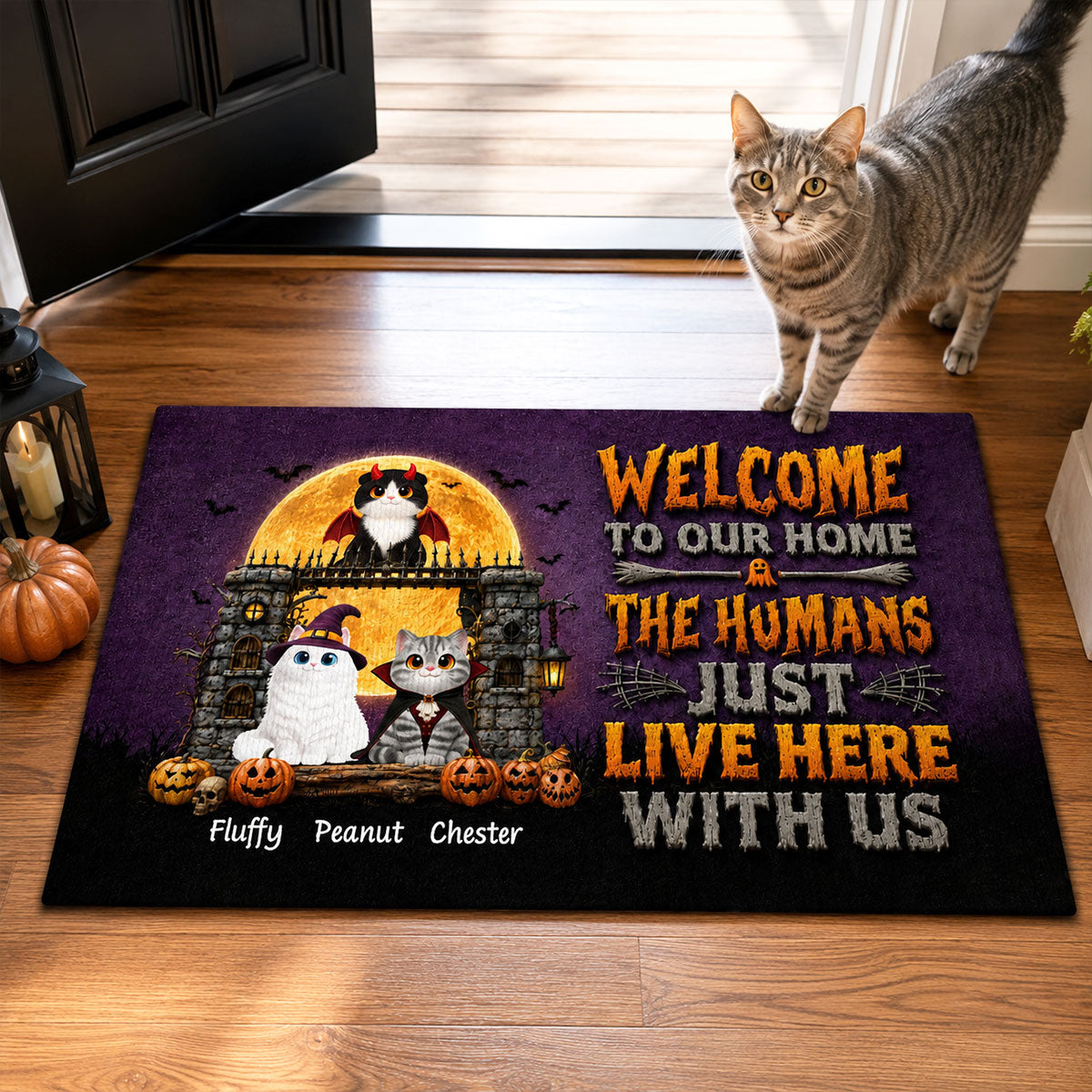 The Humans Just Live Here With Us - Personalized Doormat - Halloween Decor Gift, Gift For Cat Lovers