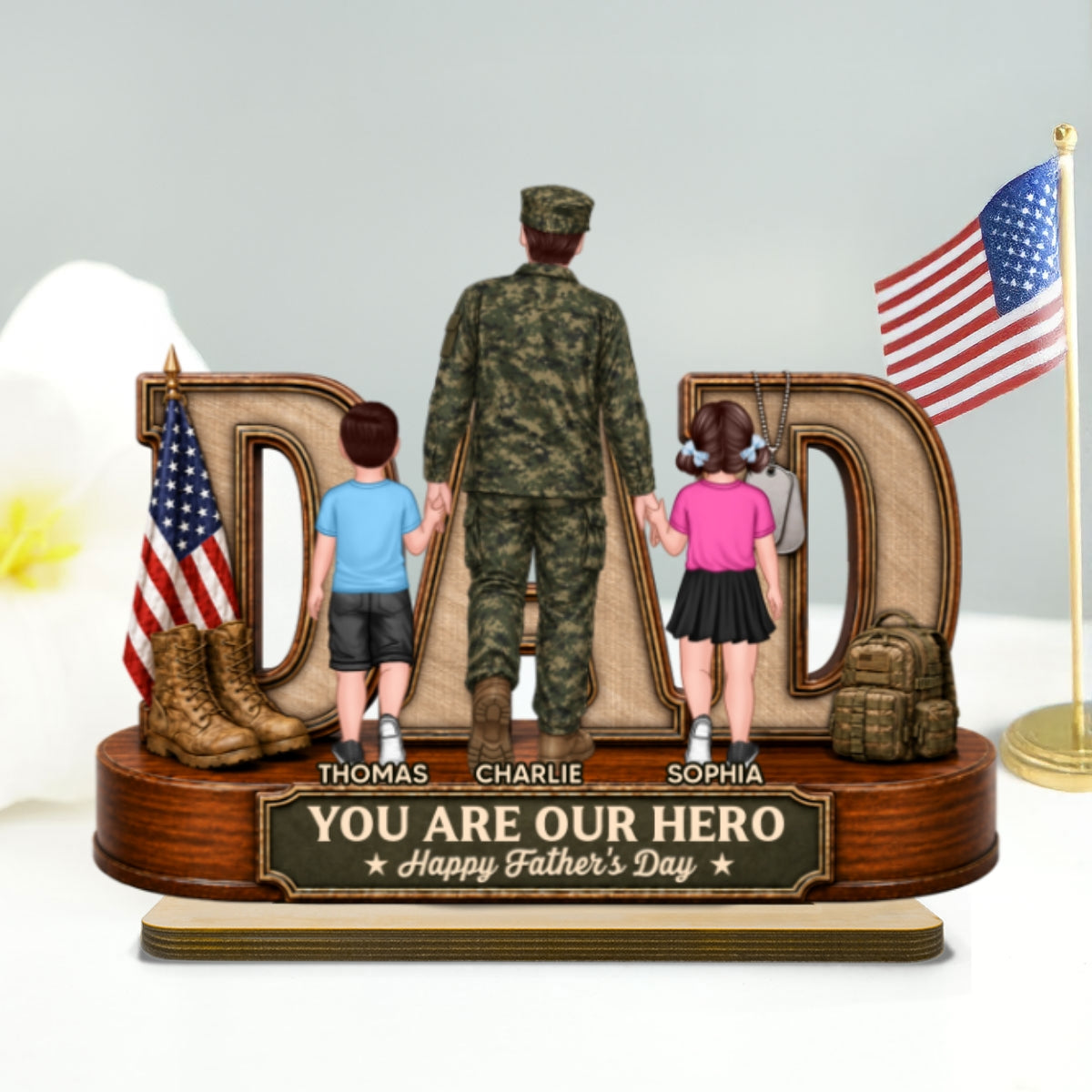 Proud American Army Dad You Are Our Hero - Personalized 2-Layered Wooden Plaque -  Gift For Dad, Husband
