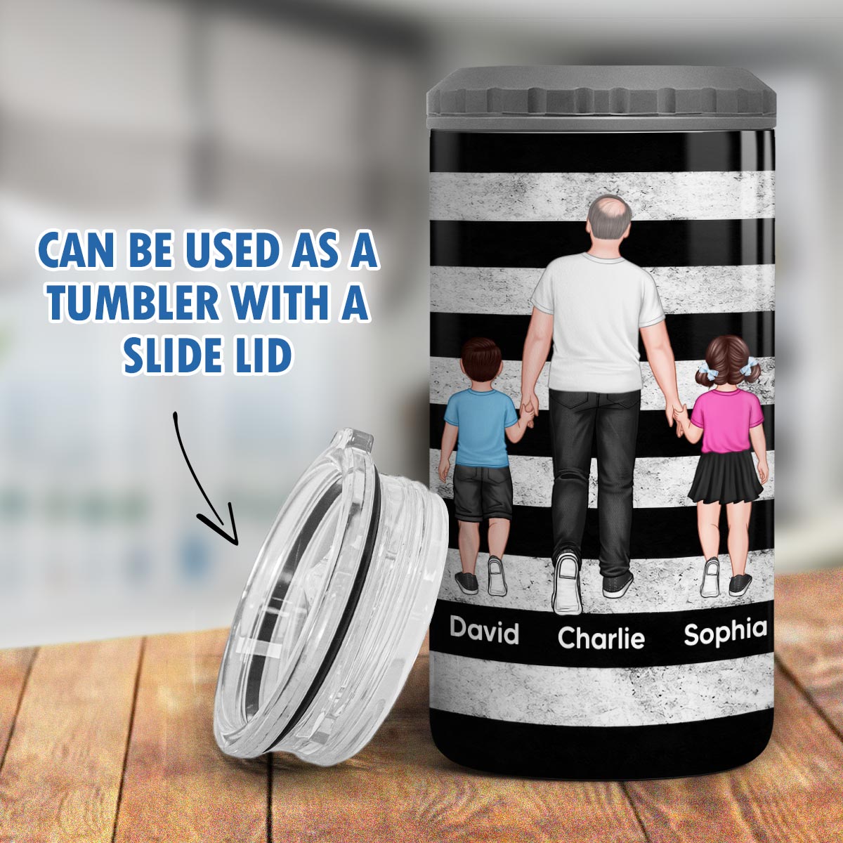 Proud American Dad Grandpa Walking With Kids - Personalized 4-in-1 Can Cooler - 4th Of July, American 250th Anniversary Gift For Patriotic Dad, Grandpa