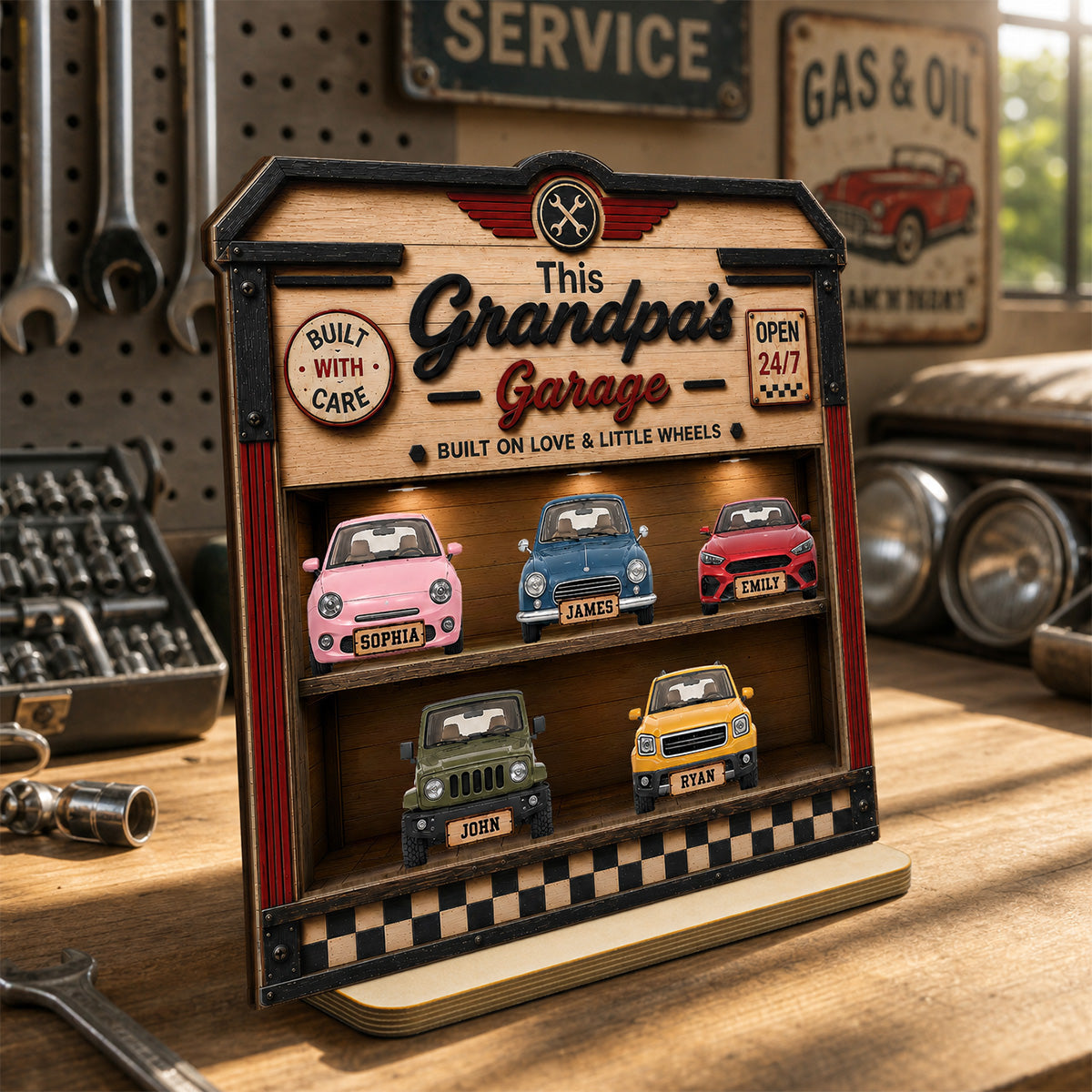 Dad Grandpa's Garage 2D Flat - Personalized Wooden Plaque -  gift for Dad, Grandpa