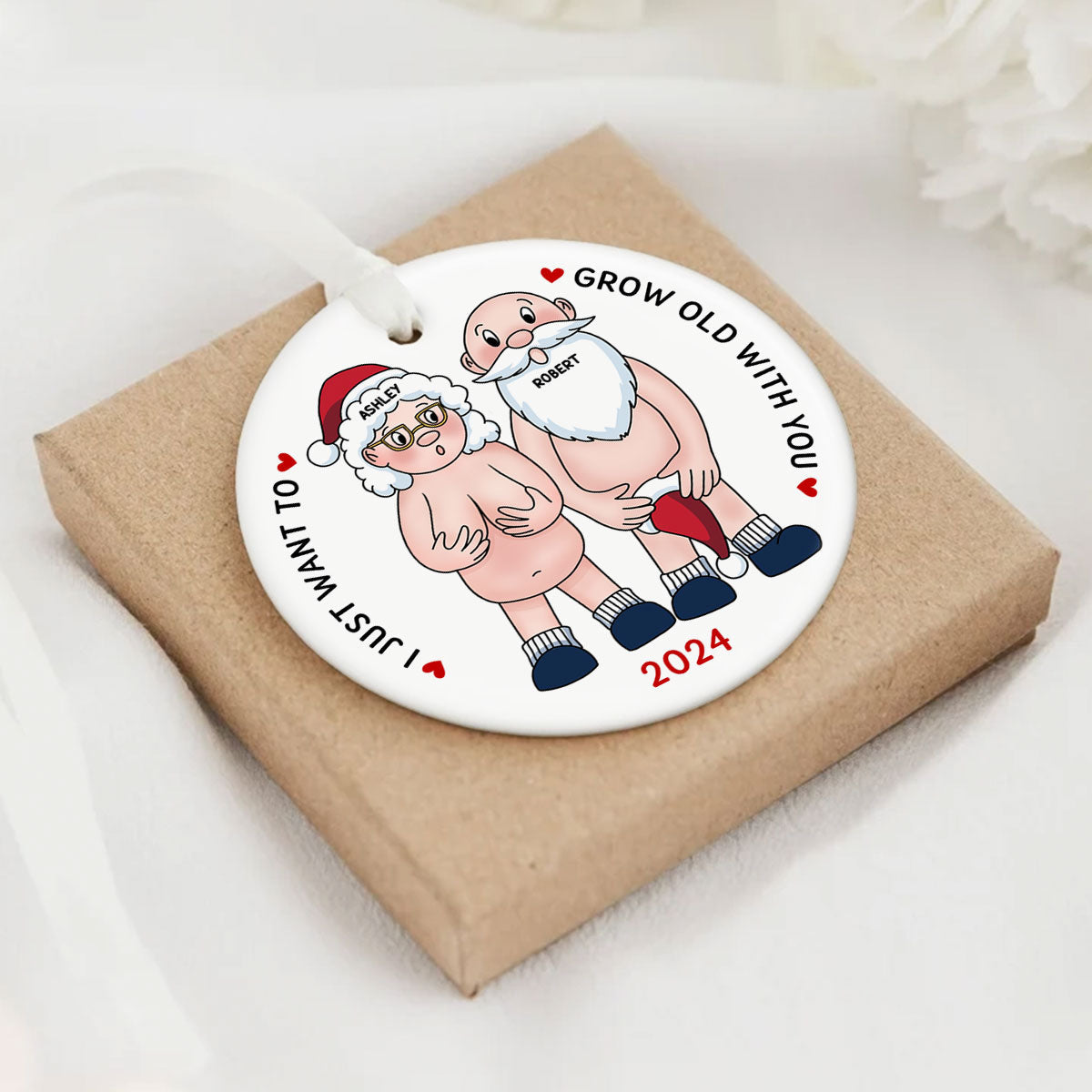 Funny Old Couple Personalized Circle Ceramic Ornament Christmas Gift for Him for Her