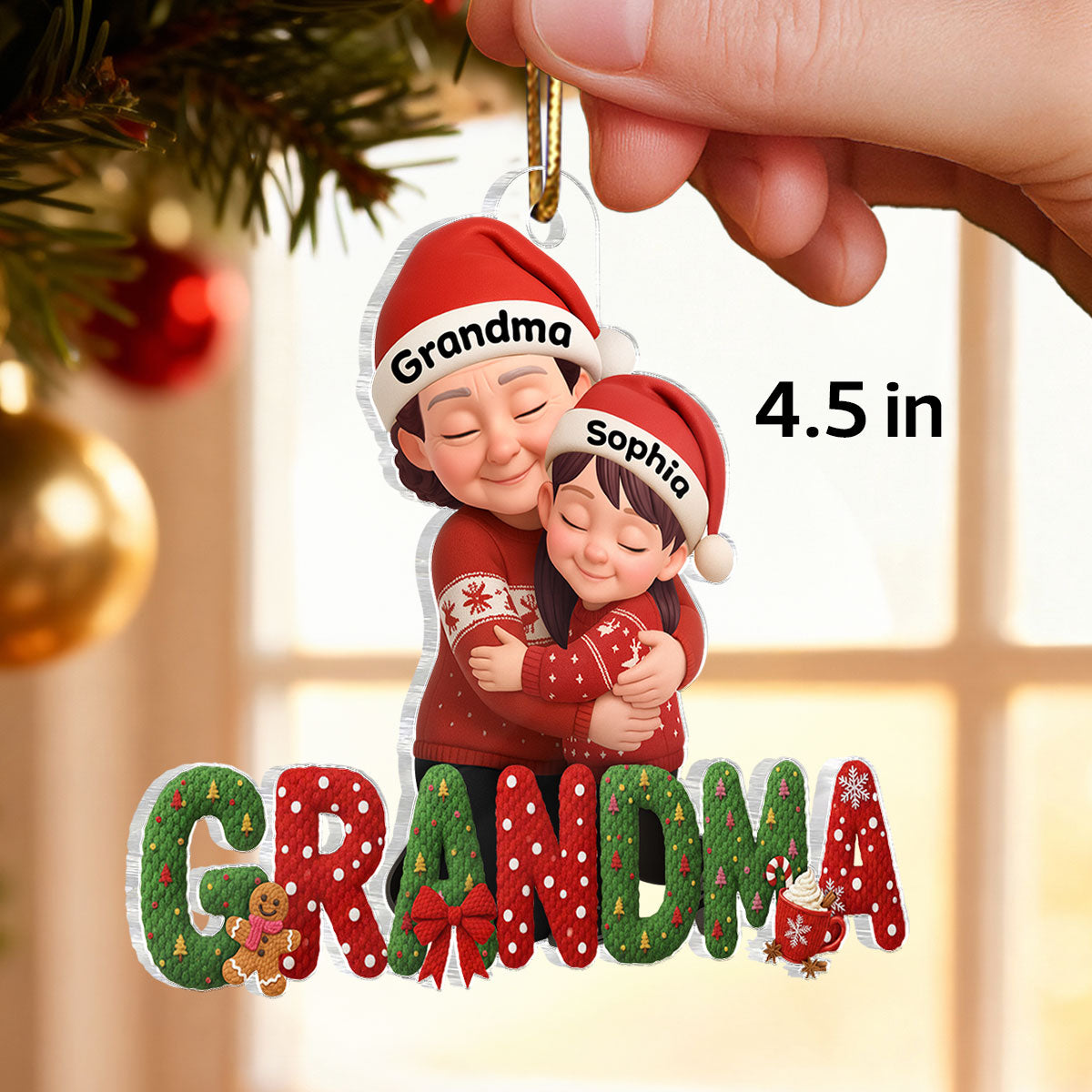 Grandma Hugging Grandkid Latch Hook Yarn Faux - Personalized Acrylic Ornament - Heartfelt Christmas Gift for Grandma, Grandkids