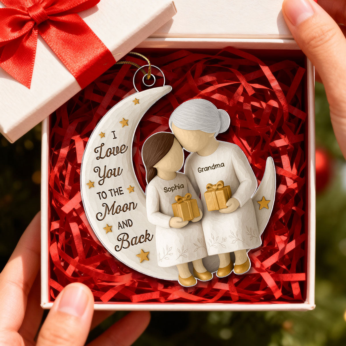 3D Effect Golden Star Grandma Grandkid On Moon - Personalized Acrylic Ornament - Gift For Granddaughter, Grandson