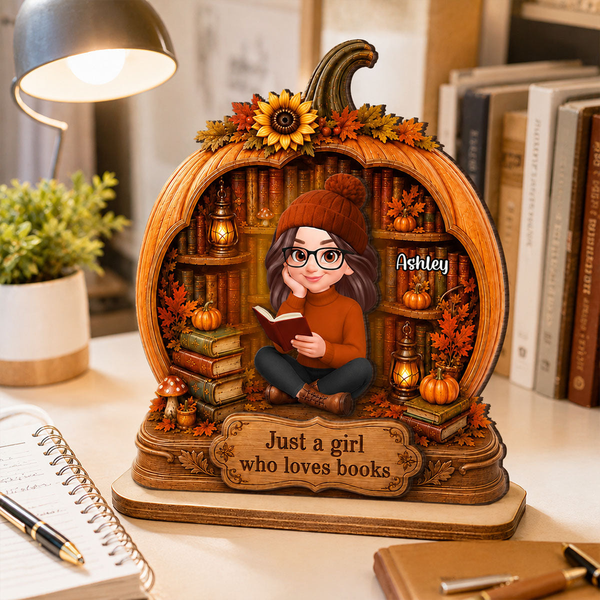 Fall Season Pumpkin Just A Woman Who Loves Books - Personalized 2-Layered Wooden Plaque - Fall Gift For Book Lovers