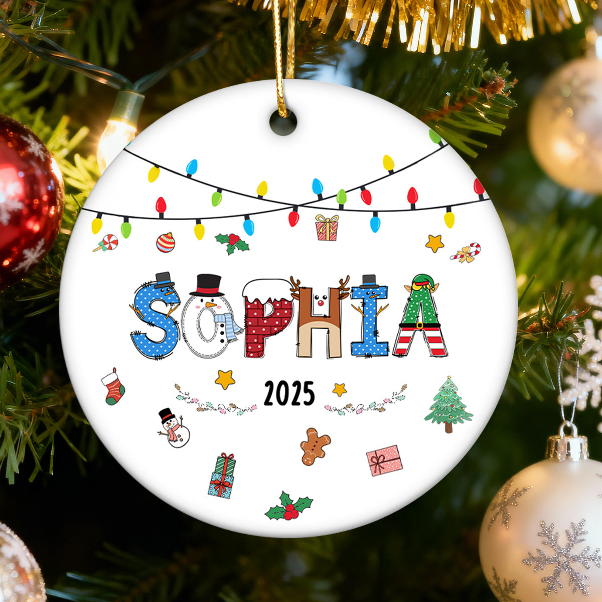 Christmas Theme Kid Name Christmas - Personalized Ceramic Ornament - Gift For Grandchildren, Boy, Girl