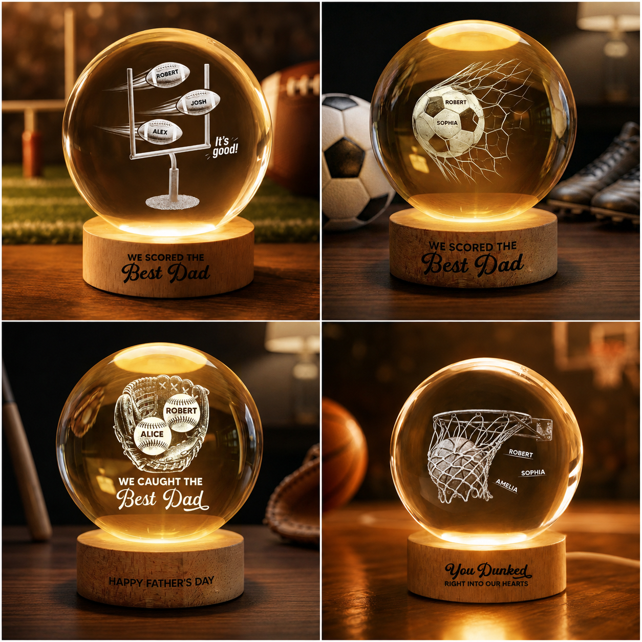 We Scored The Best Dad - Personalized Crystal Ball LED Night Light -  Gift For Sport Dad | Soccer, UK Football, Baseball, Basketball, American Football