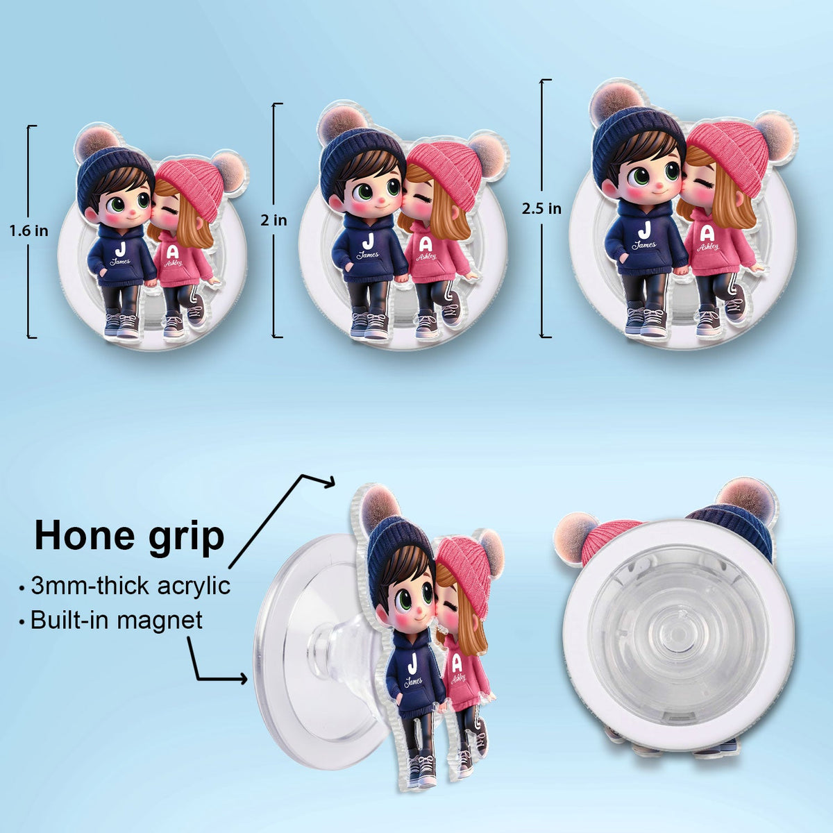3D Effect Cute Cartoon Couple Walking - Personalized Acrylic Magnetic Phone Grip - Matching Phone Grips for Couples